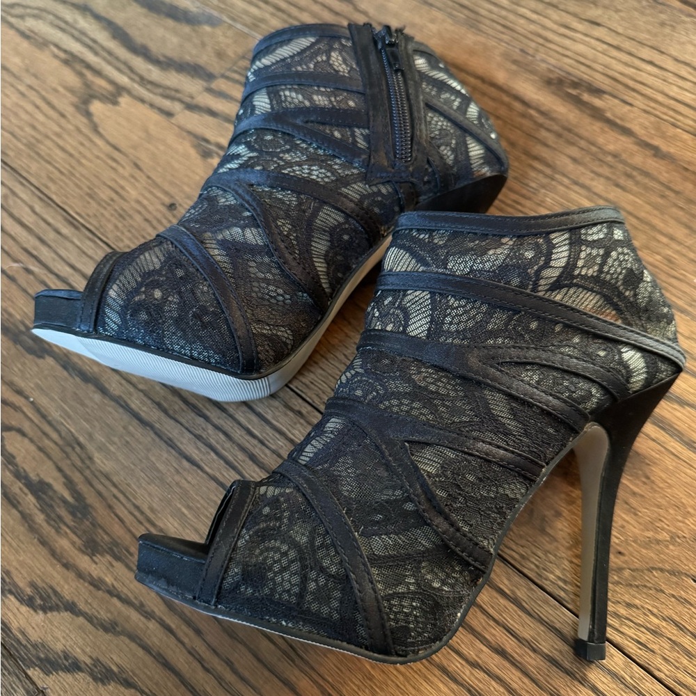 Black Lace Peep Toe Heeled Booties Size 7 (Runs Small) Sheer Mesh Stiletto